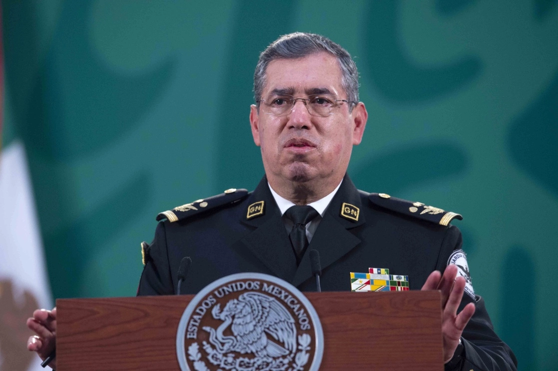 El comandante de la Guardia Nacional, Luis Rodríguez Bucio, durante la conferencia de prensa matutina en Palacio Nacional, el 19 de febrero de 2021. Foto cortesía Presidencia