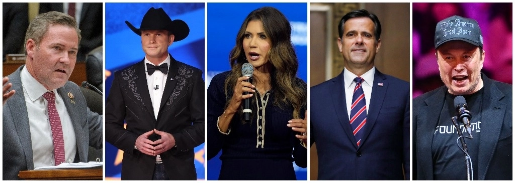 Integrantes del próximo gabinete de Donald Trump. De izquierda a derecha: Mike Waltz, asesor de Seguridad Nacional; Pete Hegseth, secretario de Defensa; Kristi Noem, Seguridad Interna, que incluye las agencias de migración ICE y CBP; John Ratcliffe, director de la CIA, y Elon Musk en el nuevo Departamento de Eficiencia Gubernamental. Foto Ap, Afp y redes sociales 
