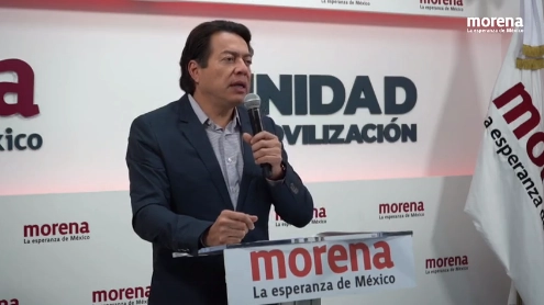 El dirigente nacional de Morena, Mario Delgado, durante conferencia de prensa. Imagen tomada de la transmisión en vivo