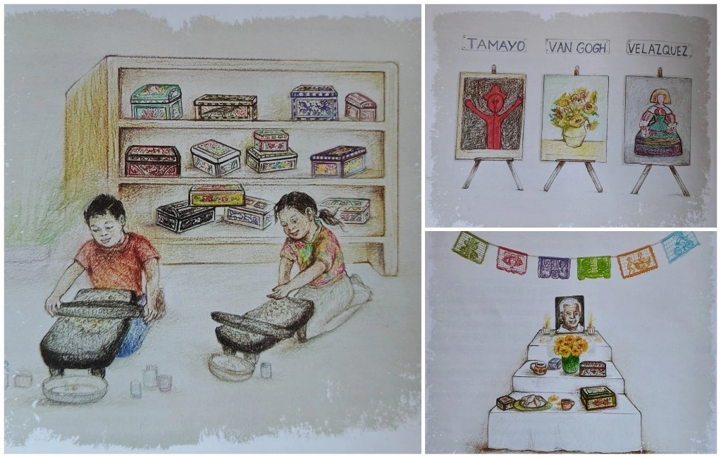 Hace unos días, la escritora estuvo en la capital mexicana para presentar sus libros ‘Yo, luchadora’ y ‘El tesoro del abuelo’, al que pertenecen las ilustraciones que se muestran aquí, realizadas por la pintora Esperanza Gama. Ambos volúmenes son parte de una serie editorial orientada a enaltecer y promover nuestra cultura y tradiciones en Estados Unidos. Foto cortesía de la entrevistada 