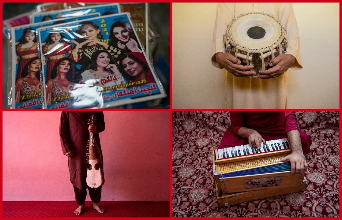 (Arriba izq.) DVDs de cantantes afganas en una tienda en Kabul. (Arriba der, y en sentido de las manecillas del reloj) Instrumentos tradicionales: una tabla, un armonio y un rubab, respectivamente. Fotos Ap