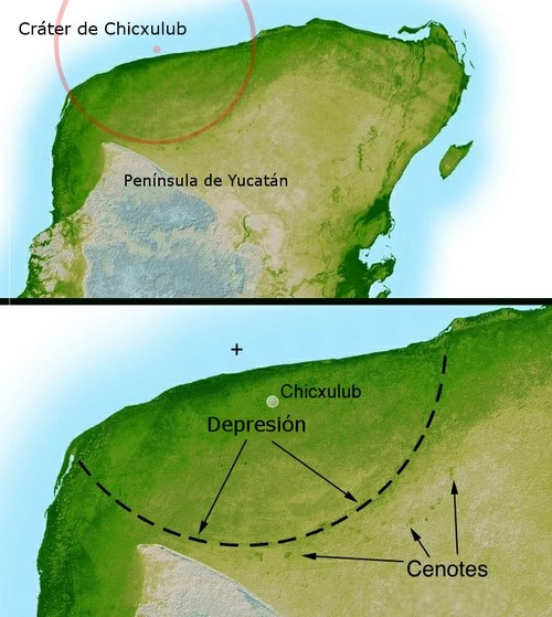 El impacto del asteroide Chicxulub arrojó nubes de eyección en la atmósfera superior que luego llovió de regreso a la Tierra. Las partículas que regresan habrían tenido suficiente energía para asar la superficie de la Tierra y encender incendios forestales globales. Imagen tomada de Wikipedia 