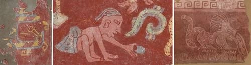 En las fotos, serpiente en espiral enmarcada por diseño de greca escalonada; Tepantitla: detalle del pórtico 2, y felinos reticulados sobre círculos seccionados, detalle tomado en el Gran Conjunto. Foto Pedro Cuevas (1991), María de Jesús Chávez Callejas y Carlos Martínez Rosas Landa (2016), y Carlos Martínez Rosas Landa (2019) / cortesía del IIE