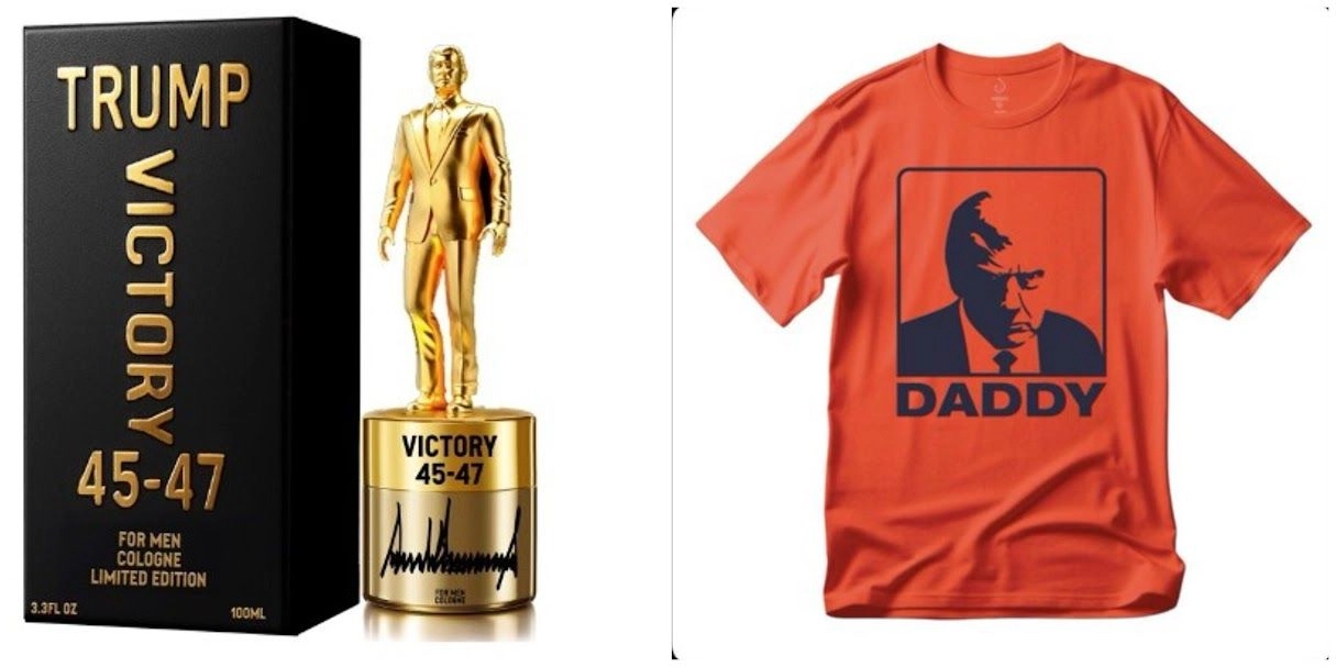 : El perfume Victory 45-47 para caballero (249 dólares) y una de las playeras que se pusieron a la venta después de la participación de Donald Trump en la Cumbre de la OTAN (35 dólares). Foto 