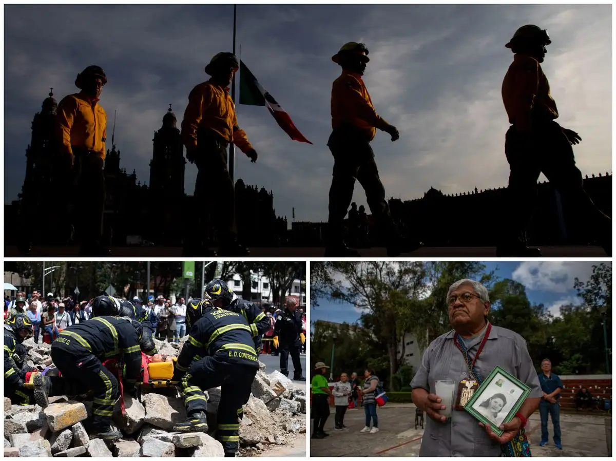 Arriba, ceremonia de izamiento de la bandera a media asta en el Zócalo; abajo a la izquierda, macrosimulacro en Reforma y, a la derecha, homenaje en Tlatelolco. Fotos 

