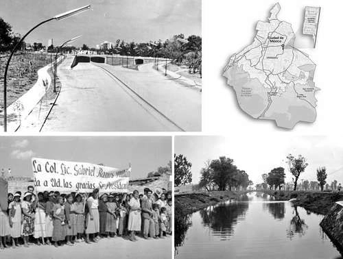 La avenida Río Churubusco (1955), los primeros habitantes de la colonia con una pancarta (1951) y el canal de río Churubusco (1945).