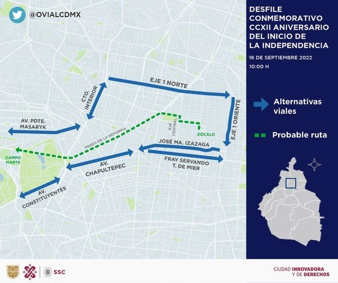 El contingente militar pasará por la avenida Paseo de la Reforma y se dirigirá al Campo Marte, dónde concluirá el recorrido. Foto tomada del Twitter de @SSC_CDMX
