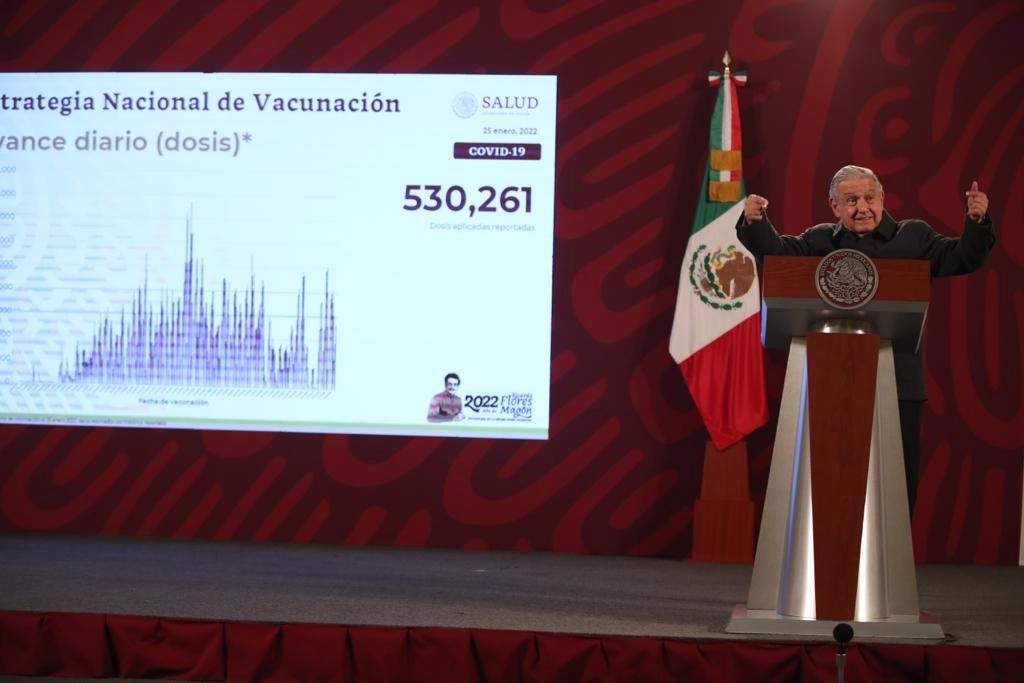 El presidente de México, Andrés Manuel López Obrador, durante la conferencia matutina en el Salón Tesorería en Palacio Nacional, el 26 de enero de 2022. Foto José Antonio López