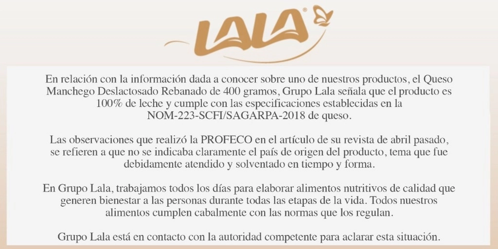 Grupo Lala y Mondelēz Internacional rechazaron, por separado, los señalamientos que hizo la Secretaría de Economía y la Profeco sobre que algunos de sus quesos y yogures naturales no cumplen con ciertas especificaciones. Imagen tomada del Twitter de @SomosLALA