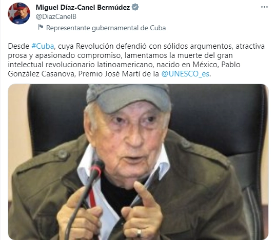 Captura de imagen del tuit publicado por el presidente de Cuba, Miguel Díaz-Canel 