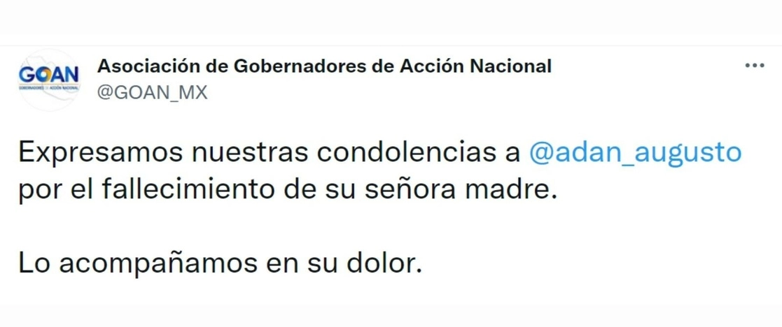 La asociación de mandatarios expresó sus condolencias al secretario de Gobernación, Adán Augusto López, el 22 de noviembre de 2021. Imagen tomada del Twitter de @GOAN_MX 