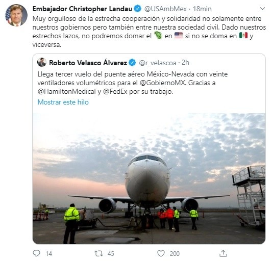 El embajador Laundau hizo un comentario sobre el tercer vuelo del puente aéreo México-Nevada que llegó al Aeropuerto de Toluca con una carga de 20 ventiiladores. Foto tomada del Twitter de @USAmbMex