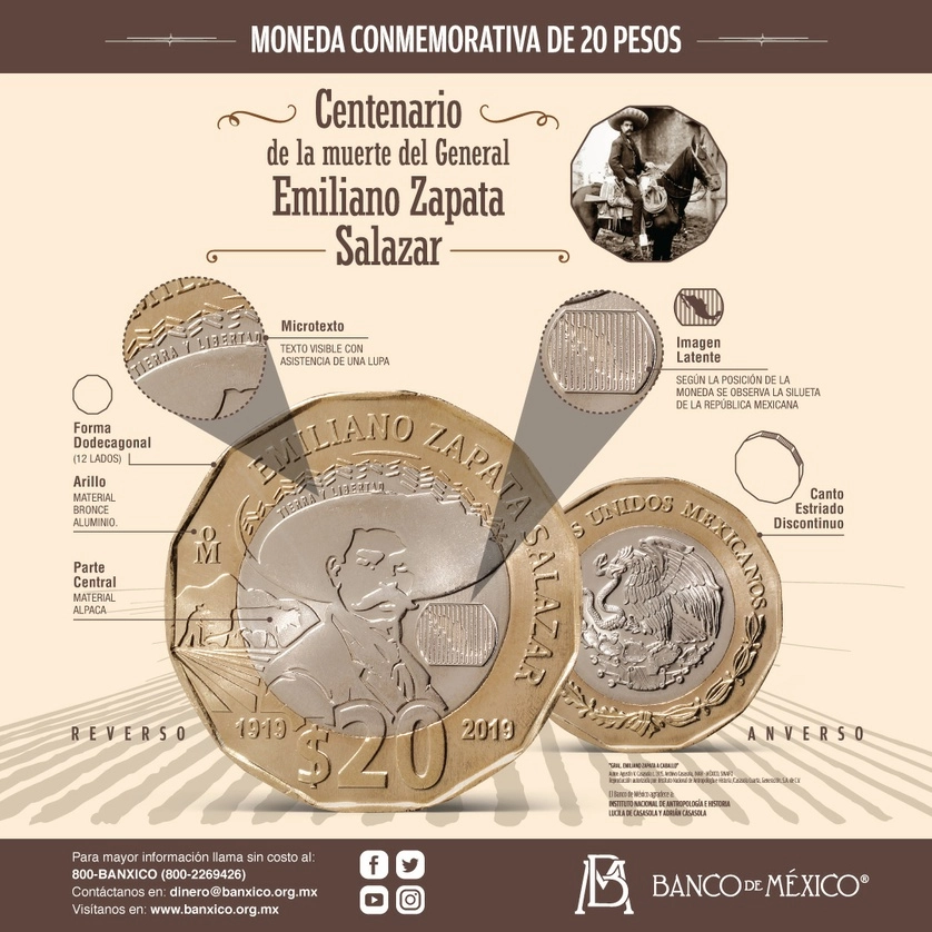 El BdeM destacó que esta es la segunda moneda de la denominación de $20 con diseño dodecagonal y que tiene imagen latente y micro texto como elementos de seguridad. Foto  Twitter @Banxico
