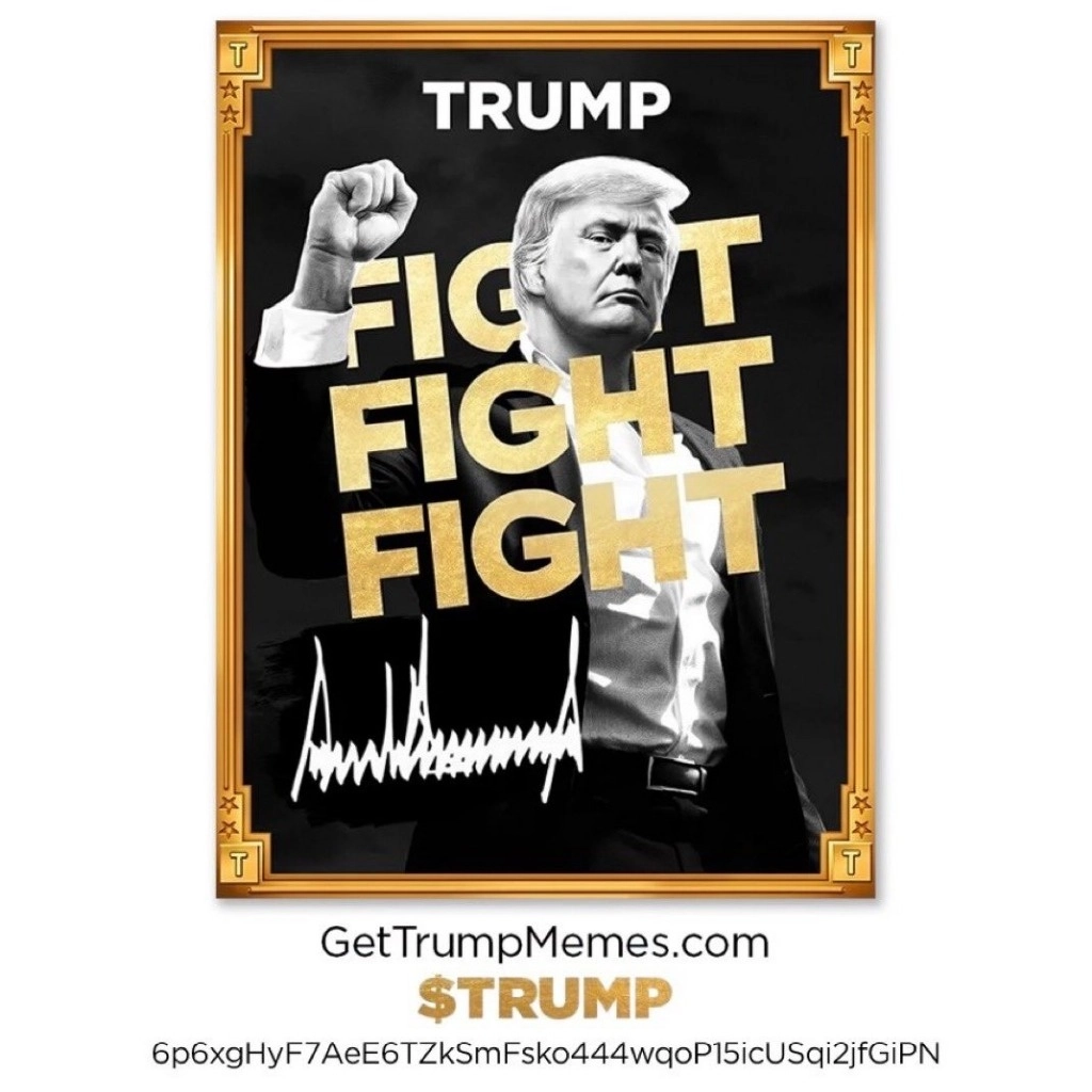 "Este meme de Trump celebra a un líder que nunca se rinde, sin importar la situación", explica el sitio web oficial del proyecto, en referencia al fallido intento de asesinato del candidato republicano en julio pasado. Foto tomada de X.