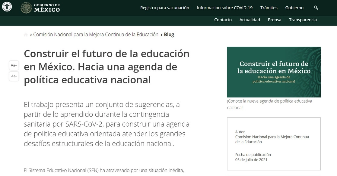 La Comisión Nacional para la Mejora Continua de la Educación lanzó 10 propuestas para una nueva agenda de política educativa nacional. Imagen tomada del sitio www.gob.mx/mejoredu/es