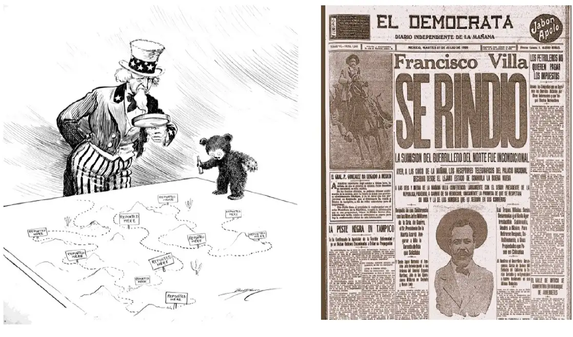 Caricatura de principios del siglo XX que muestra a Estados Unidos en la búsqueda de Pancho Villa, y portada del diario 'El Demócrata', anunciando la rendición del líder de la División del Norte. Foto cortesía del autor.