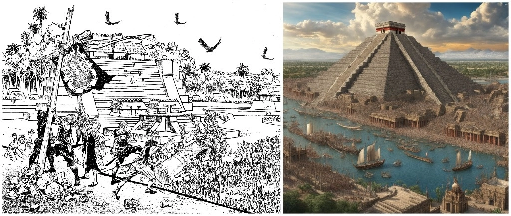 Ambas gráficas se refieren a la caída de Tenochtitlan. La de arriba es producto de la técnica e imaginación de José Luis Pescador. La de la derecha, se obtuvo con el uso de inteligencia artificial, la cual siguió ciertas órdenes, como captar varias partes de la capital del imperio mexica, usar ultra alta definición, colores vívidos, arte conceptual fotorrealista y luz perfecta cinemática. Foto archivo 