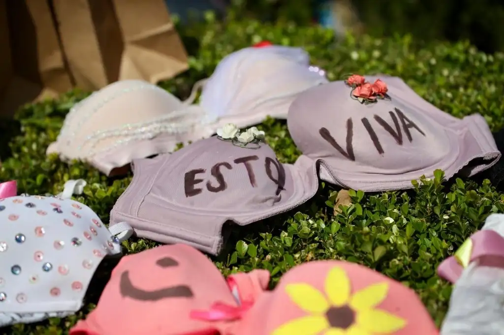 Integrantes del colectivo “Tetas y Rayas” colocan brasieres en la Glorieta de las Mujeres que Luchan, en conmemoración del Día Mundial de la Lucha contra el Cáncer de Mama, en la Ciudad de México, el 19 de octubre de 2024. Foto Yazmín Ortega Cortés