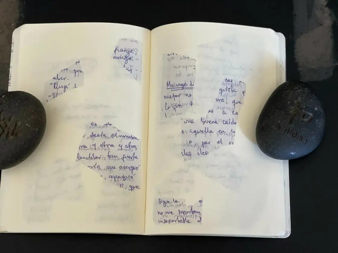  ‘Trizas’, libro objeto de Laura Ramos Zamorano, es una edición de autora, “especie de diario desgarrado” que puede leerse “como una carta de amor hecha con retazos..., un guiño a la libreta de escritor(a) como género”. En la image, interiores de la obra. Foto cortesía de la artista 