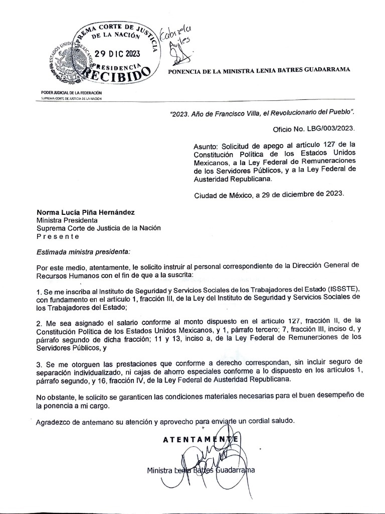 Imagen de la firma de recibido a la devolución hecha por la ministra Batres. El documento fue difundido en https://x.com/LeniaBatres