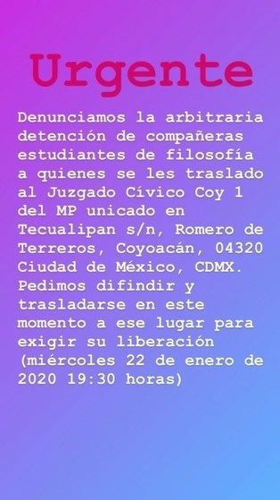 Imagen del aviso emitido desde la cuenta en Facebook de Feministas  de FFyL