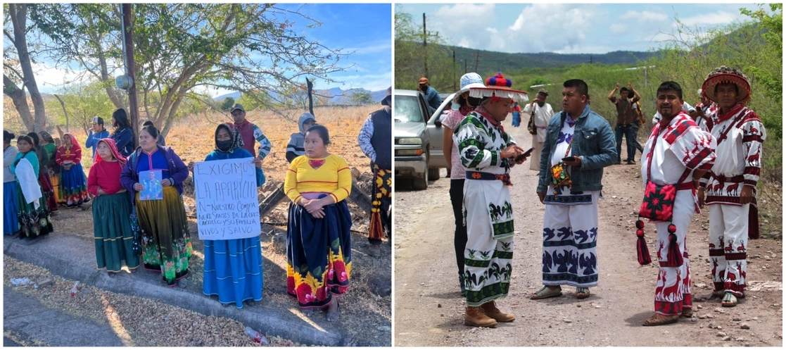 Comuneros wixaritari del poblado Bancos de Calitique, municipio de Mezquital, Durango, bloquearon el fin de semana la carretera Ruiz-Zacatecas, a la altura de El Pastor del Nayar, en Nayarit, para exigir la aparición del abogado y líder de esa comunidad Santos de la Cruz Carrillo (con chamarra de mezclilla), cuyo paradero se desconoció durante 36 horas. Foto Arturo Campos Cedillo y ‘La Jornada’ 
