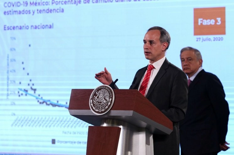 El subsecretario de Prevención y Promoción de la Salud, Hugo López-Gatell, durante la conferencia presidencial matutina 
 del 28 de julio de 2020. Foto Cuartoscuro
