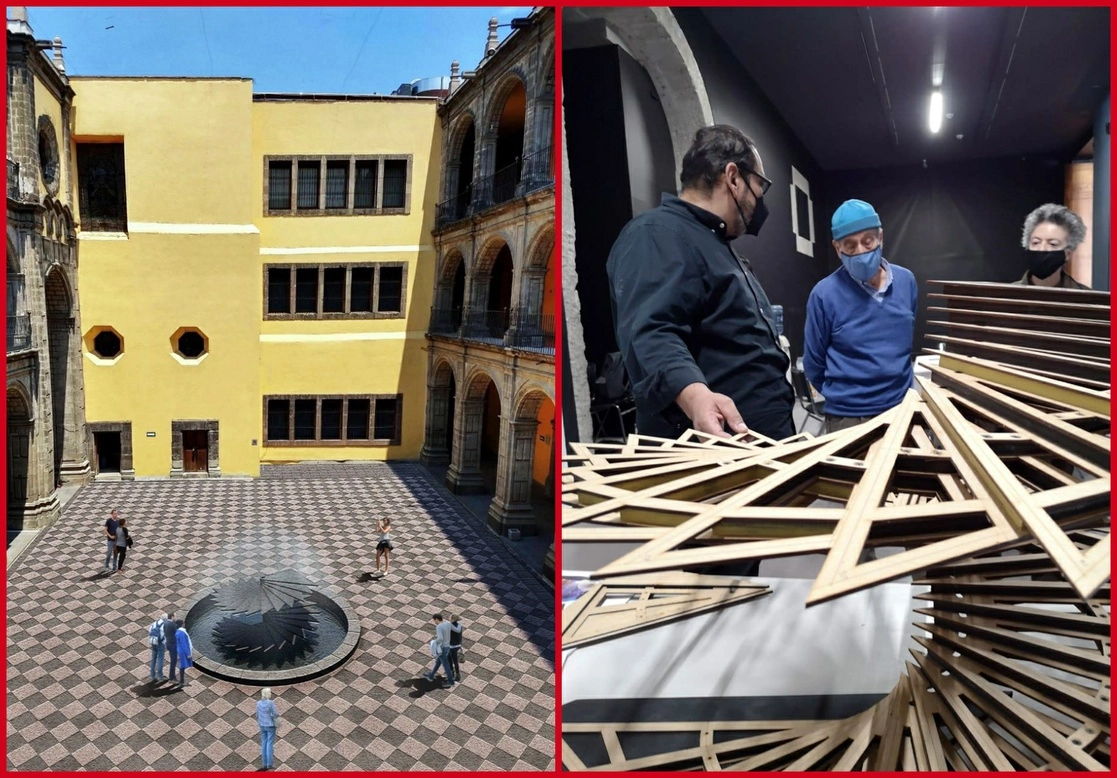 En 2018, la Coordinación de Difusión Cultural de la Universidad Nacional Autónoma de México, y las secretarías de Cultura federal y de la CDMX acordaron que los restos del ensayista y los de su esposa, Marie-José Tramini, serían trasladados al céntrico inmueble. A la izquierda, proyección de la propuesta escultórica, y a la derecha, Rojo en el desarrollo de la maqueta; atrás se observa a la escritora Bárbara Jacobs, su compañera. Foto tomadas del Facebook de @ColegioSanIldefonso