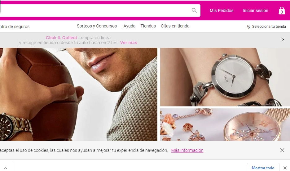 Captura de pantalla de la página de internet de la tienda departamental. 