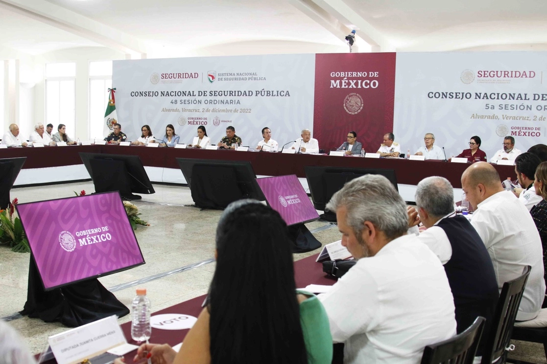 El presidente Andrés Manuel López Obrador durante la 48 sesión ordinaria del Consejo Nacional de Seguridad Pública (CNSP) en Veracruz, el 2 de diciembre de 2022. Foto cortesía Presidencia