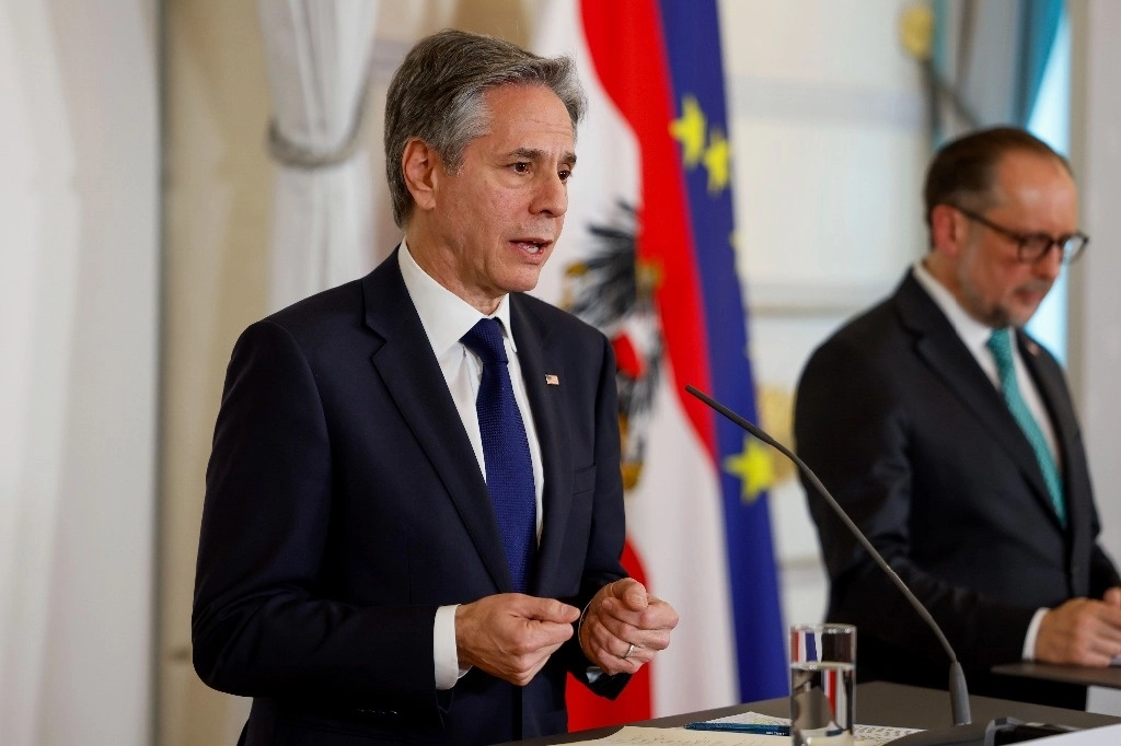 El secretario de Estado de Estados Unidos, Antony Blinken, durante una conferencia de prensa en la Cancillería Federal en Viena, Austria, el viernes 15 de marzo de 2024. Foto Ap