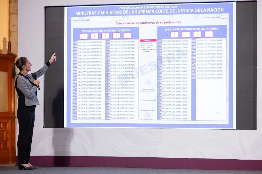  En la mañanera de ayer, la presidenta Claudia Sheinbaum dio una explicación sobre cómo votar este primero de junio para renovar el Poder Judicial. Foto 