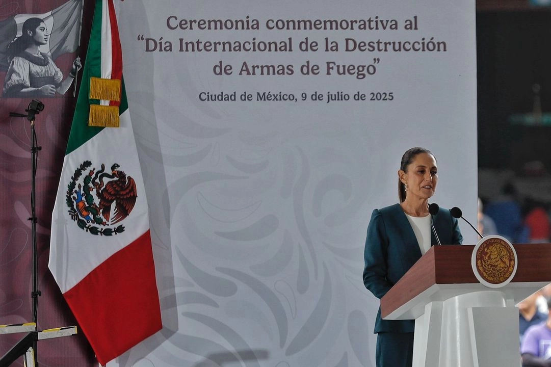  La presidenta de México, Claudia Sheinbaum, durante el Día Internacional de la destrucción de armas de fuego, en la Basílica de Guadalupe, en la Ciudad de México, el 9 de julio de 2025. 
