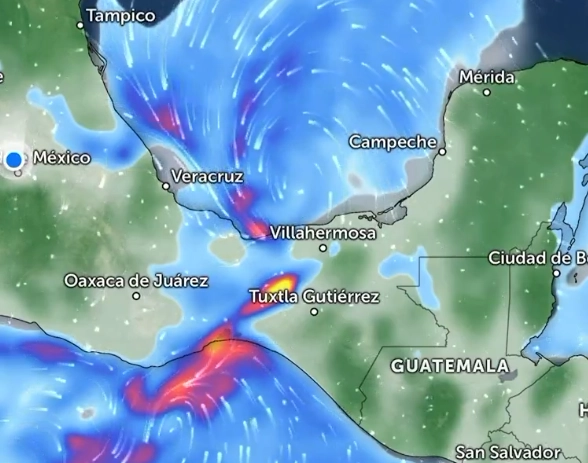 La depresión tropical Once-E se desplaza lentamente frente a las costas de Oaxaca, sobre el occidente del golfo de Tehuantepec, informó la autoridad. Imagen difundida por https://x.com/CNPC_MX