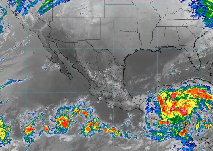 Se esperan lluvias puntuales muy fuertes en Campeche, Chiapas, Quintana Roo, Tabasco y Yucatán, durante esta noche. Imagen SMN