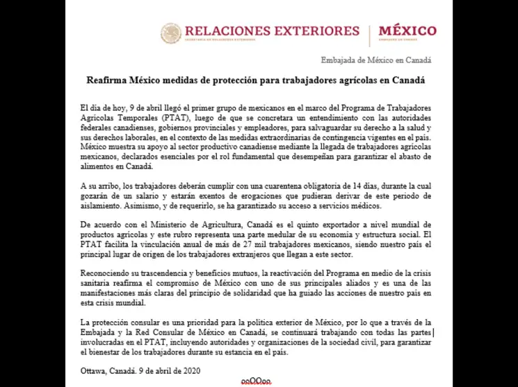 Comunicado difundido por @EmbaMexCan