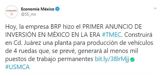 La Secretaría de Economía informó que llegó a México la primera inversión extranjera en el marco del nuevo Tratado entre México, Estados Unidos y Canadá, el cual entró en vigor ayer 1 de julio. Imagen tomada del Twitter de @SE_mx