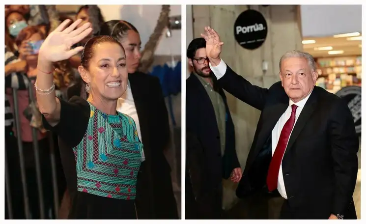 El presidente Andrés Manuel López Obrador (der) y la coordinadora de Comités de Defensa de la 4T, Claudia Sheinbaum (der) a su llegada a El Mayor. Fotos Luis Castillo