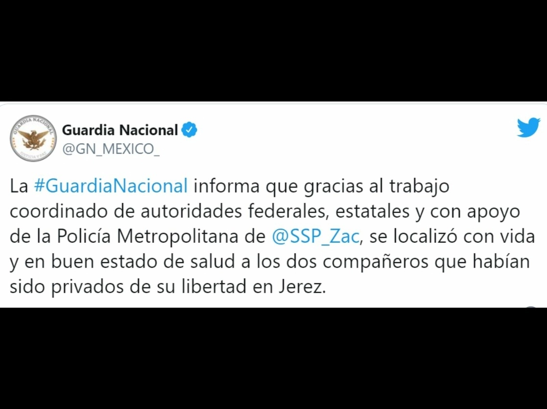 Ambos uniformados fueron sustraídos de la subestación de la Guardia Nacional (GN), ubicada en la carretera federal Zacatecas-San Luis Potosí, por seis hombres armados que llegaron al lugar a bordo de dos camionetas. Imagen tomada del Twitter de @GN_MEXICO_