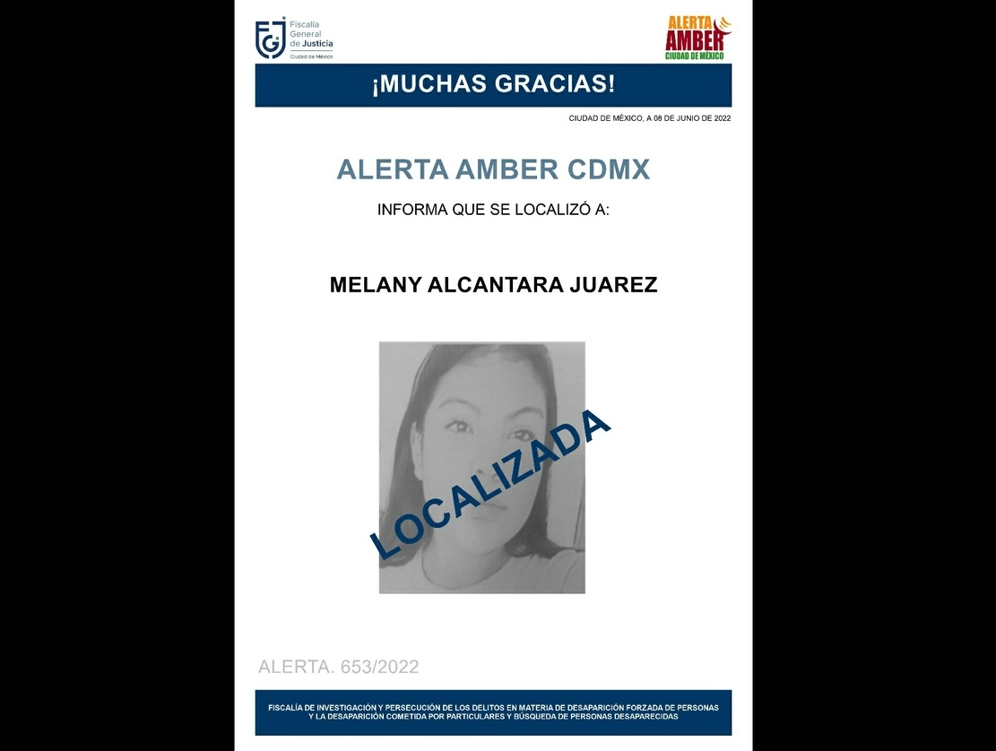 La FGJ CDMX informó la localización de Melany Alcántara Juárez. Foto tomada del Twitter de @FiscaliaCDMX