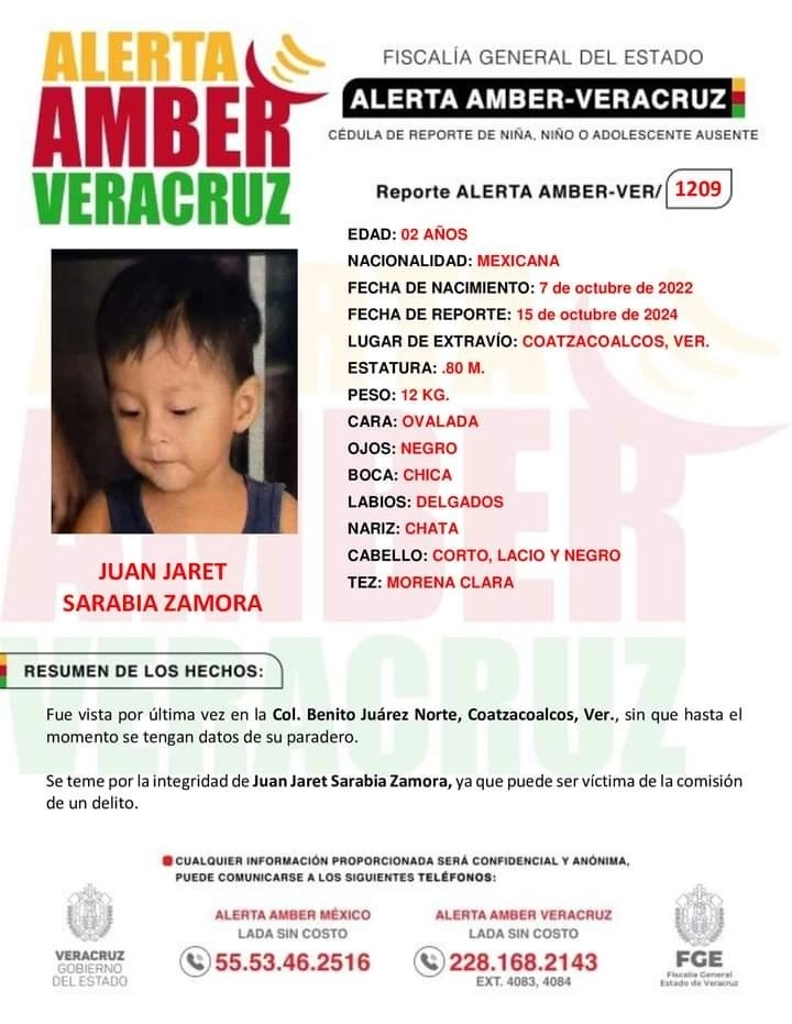 Juan Jaret de dos años de edad fue sustraído de su casa por sujetos armados el pasado 15 de octubre, en COatzacoalcos, Veracruz. Foto Tomada de X @aamber_ver