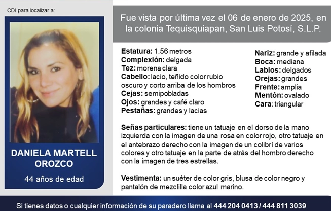 Autoridades de San Luis Potosí continúan en la búsqueda de Daniela Martell, conductora de Indrive, desaparecida el 6 de enero. Foto Ficha de Búsqueda FGE