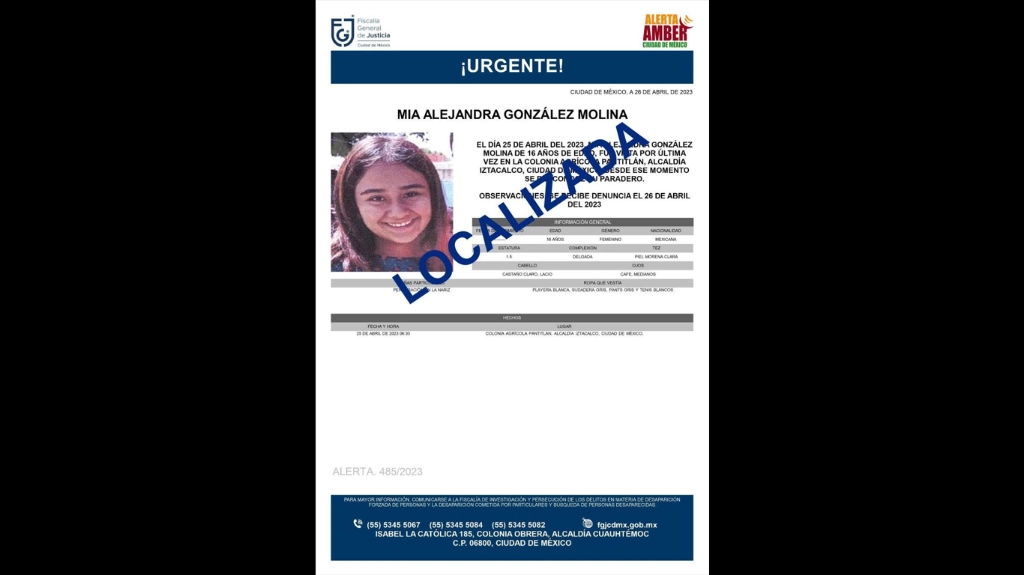 Mía Alejandra fue reportada como ausente desde el pasado 25 de abril. Foto FGJ