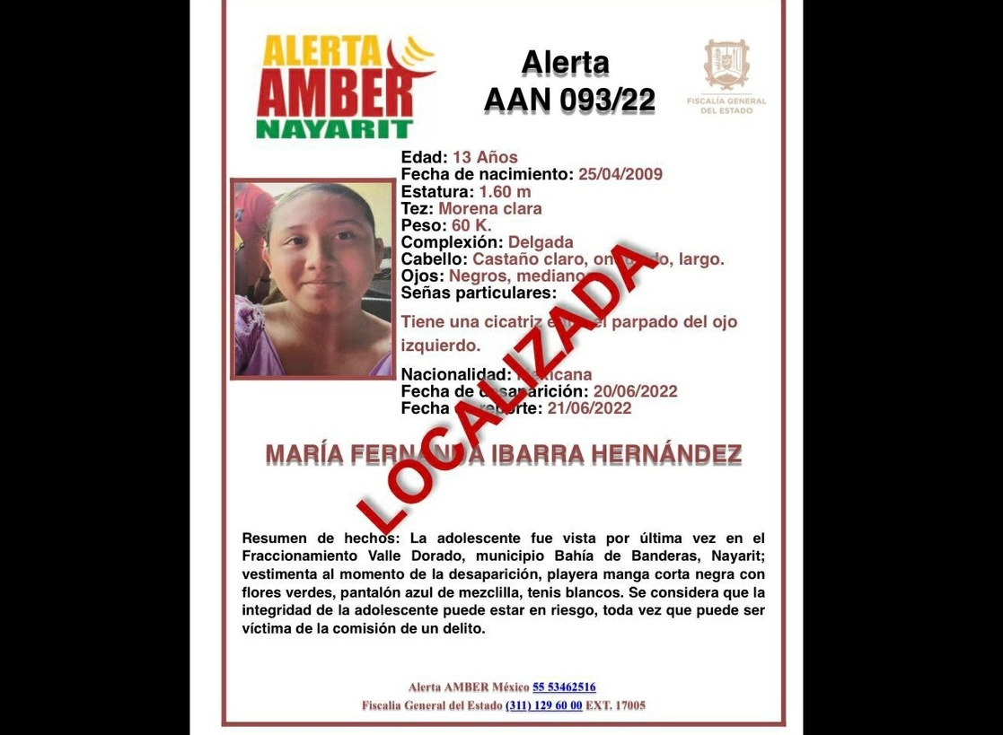 Fue hallada la menor María Fernanda, desaparecida en Bahía de Banderas el 20 de junio de 2022. Foto tomada de la cuenta de Twitter @NayaritFiscalia