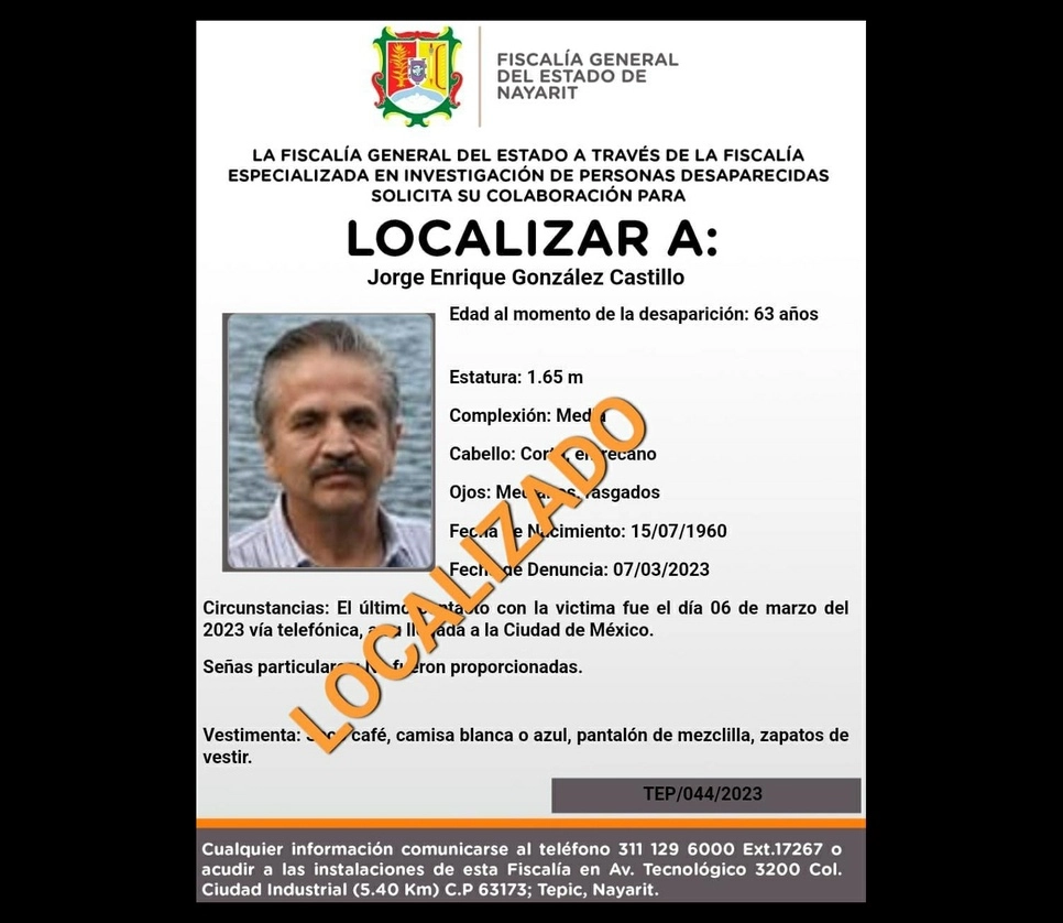Jorge Enrique González Castillo, director general del periódico estatal ‘Meridiano’ de Nayarit, fue localizado con vida, así lo dio a conocer la Fiscalía General estatal. Imagen tomada de Twitter @NayaritFiscalia