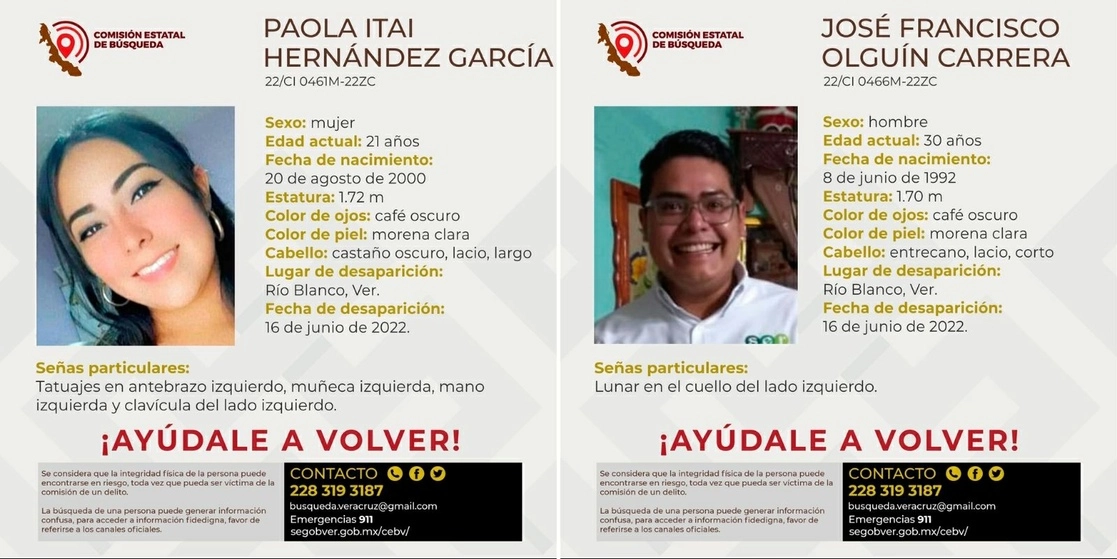 El 16 de junio Paola Itai y Olguín Carrera fueron sustraídos del domicilio de la joven, ubicado en la Colonia Centro del municipio, Río Blanco, por personas armadas, y durante siete días permanecieron desaparecidos. Foto tomada del Twitter de @cebver / Archivo
