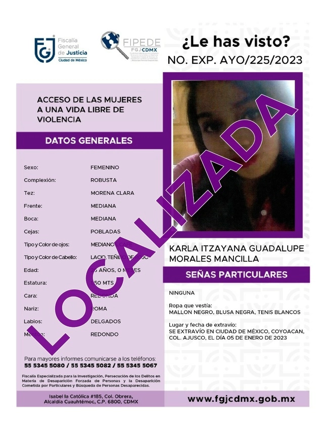 La Fiscalía de la CDMX localizó sana y salva a joven desaparecid hace 21 días. Foto Fiscalía