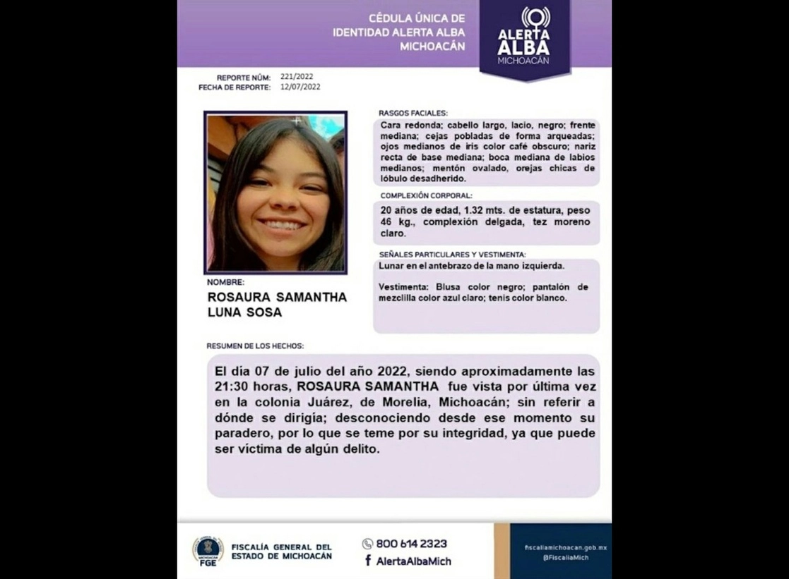 Rosaura Samantha Luna desapareció el pasado 7 de julio en la capital michoacana. Foto tomada del Twitter de @AlertaAlbaMich / Archivo