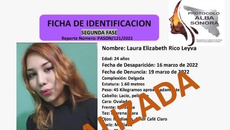 Fiscalía de Sonora informó que personal de la dependencia encontró el cuerpo sin vida de Laura junto a dos masculinos que hasta el momento no han sido identificados. Foto Fiscalía Sonora