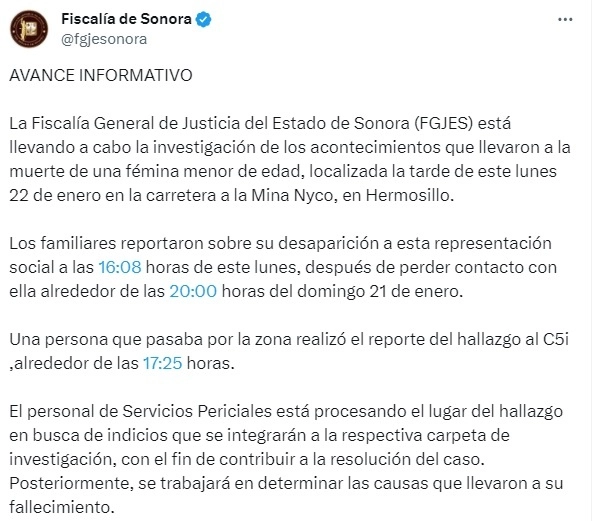 Publicación de la Fiscalía de Sonora en sus redes sociales.